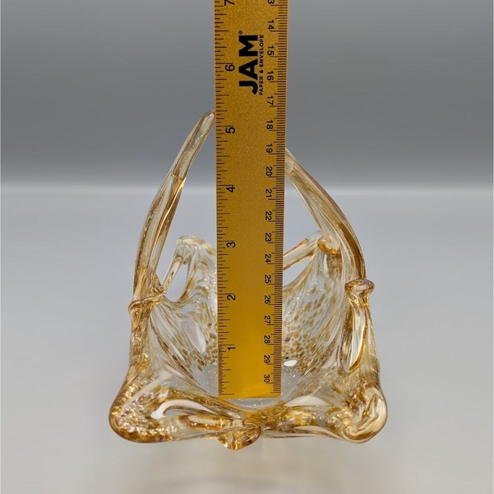 Vintage Murano Style Amber Gold Fleck Art Glass Basket Dish MCM Fall Table Decor - Picture 8 of 10